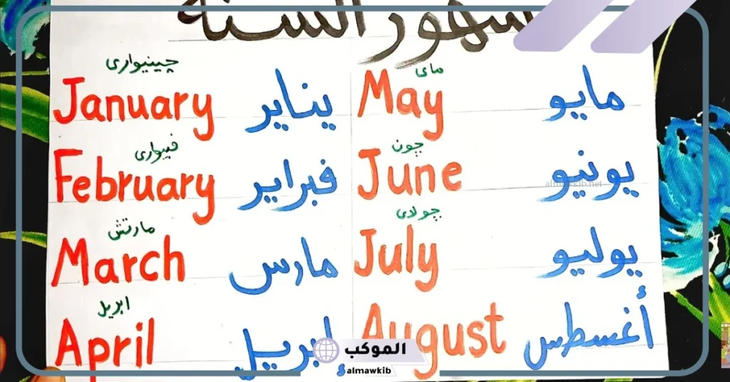 أسماء الاشهر باللغة الانجليزية والعربية 2025 5 الأشهر بالانجليزي والعربي